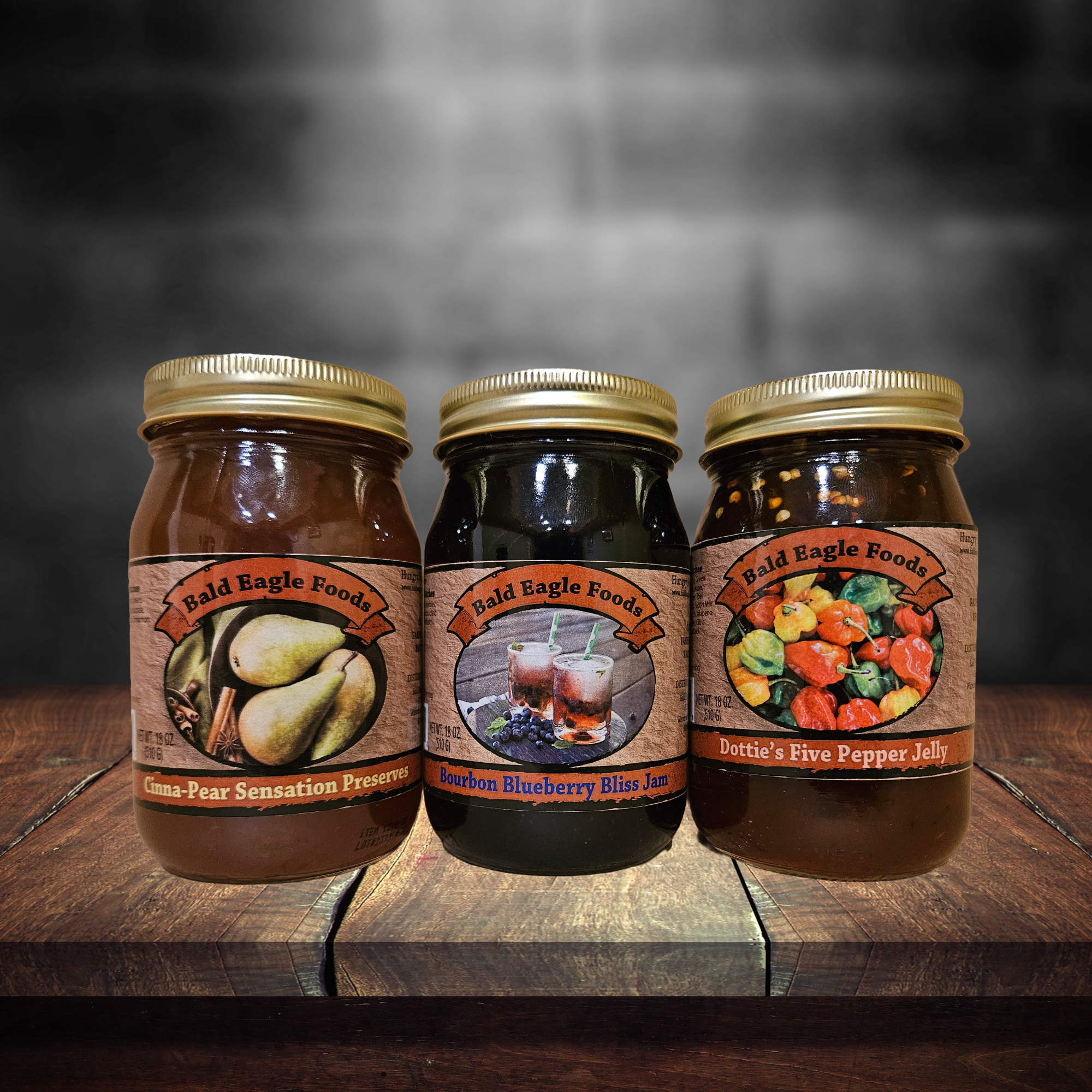 Morning Spread Trio — Bourbon Blueberry Bliss Jam, Cinna-Pear Sensation Preserves, Dottie's Five Pepper Jelly