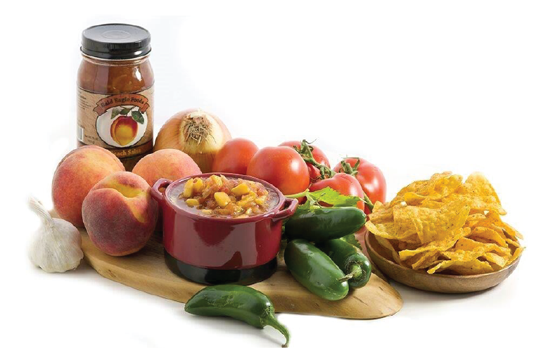 Bald Eagle Foods Peach Salsa, 17 oz, served with tortilla chips