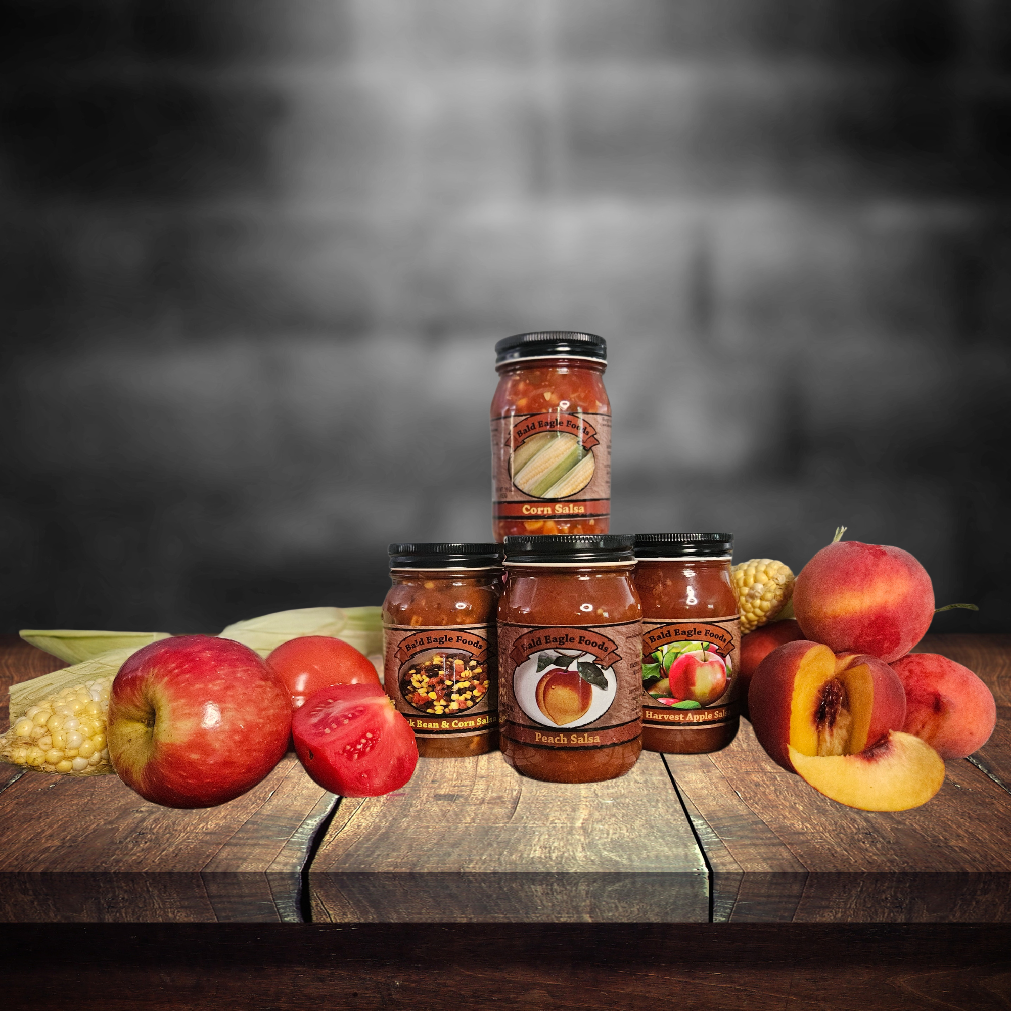 Sweet & Savory Salsa Pack — Corn Salsa, Black Bean & Corn Salsa, Peach Salsa, Harvest Apple Salsa, served with tortilla chips