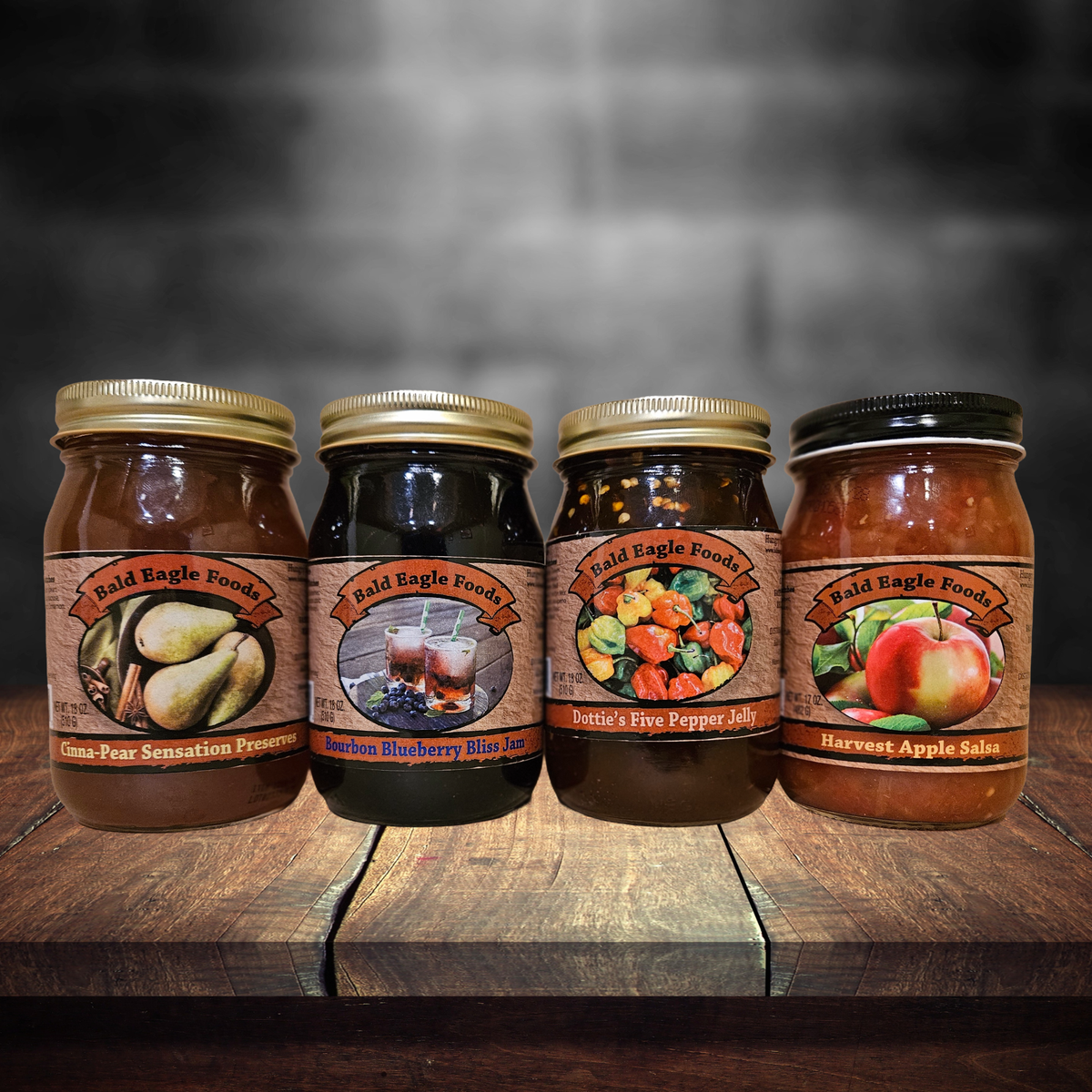 Taste of the Harvest Bundle — Bourbon Blueberry Bliss Jam, Cinna-Pear Sensation Preserves, Dottie's Five Pepper Jelly, Harvest Apple Salsa