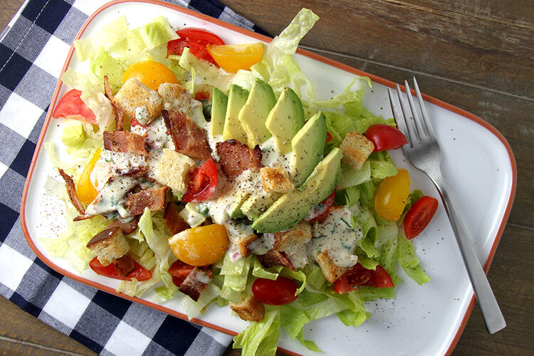 Bacon lettuce tomato avocado salad with Bald Eagle Foods Vidalia Onion & Peppercorn Salad Dressing