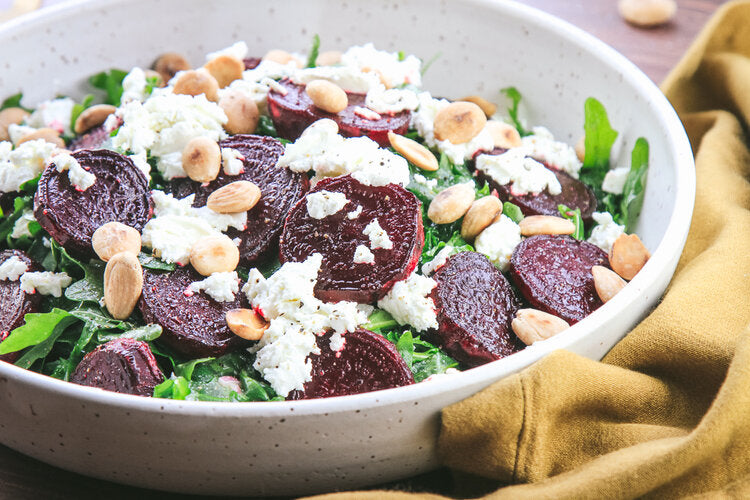 Sweet Baby Beets Salad with Arugula, Goat Cheese, & Marcona Almonds