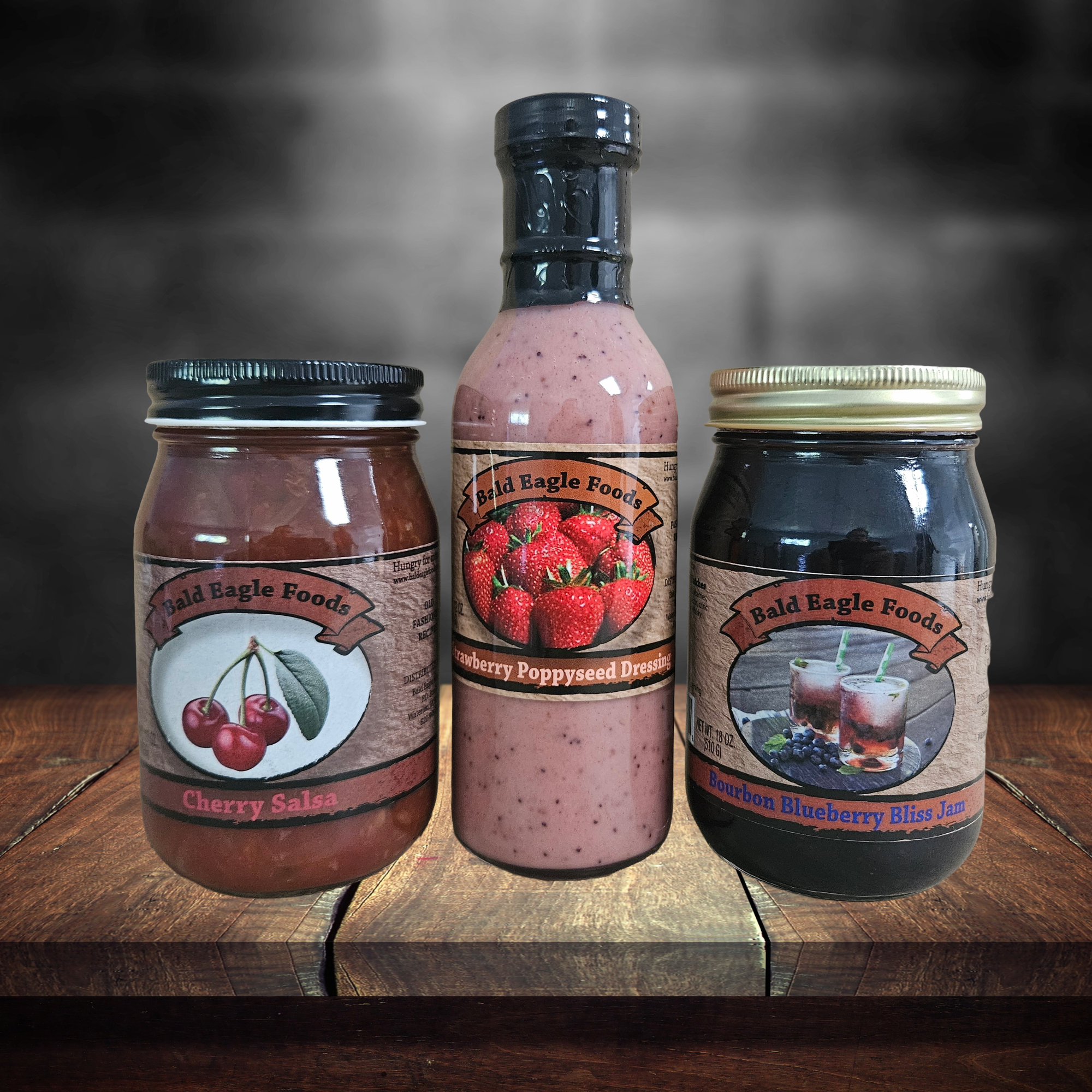 Berry Cherry Bliss bundle — Bourbon Blueberry Bliss Jam, Strawberry Poppyseed Salad Dressing, Cherry Salsa