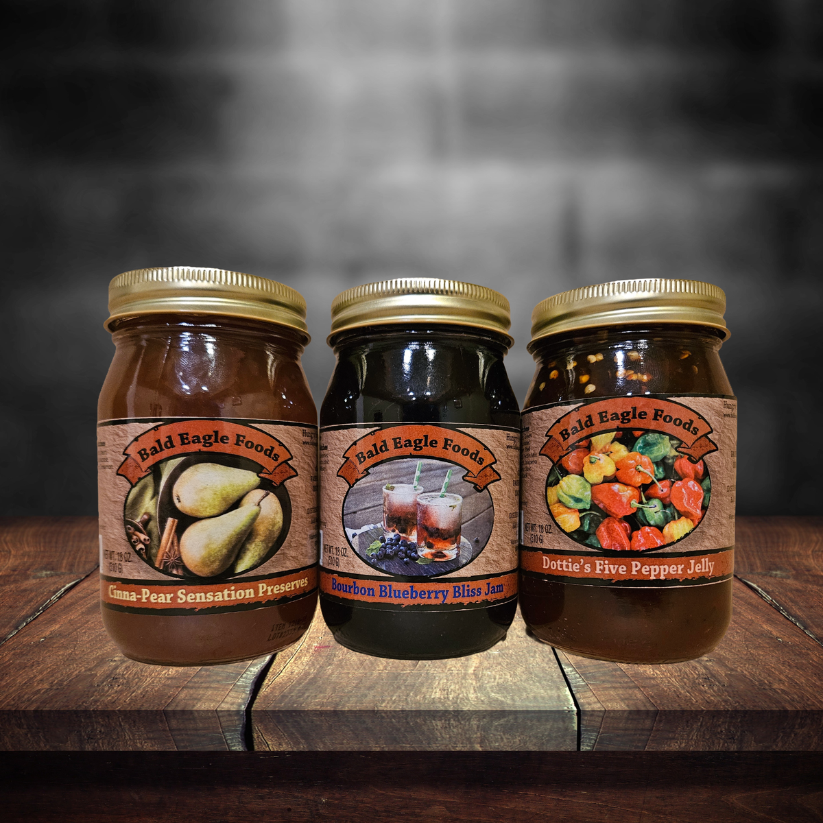 Morning Spread Trio — Bourbon Blueberry Bliss Jam, Cinna-Pear Sensation Preserves, Dottie's Five Pepper Jelly